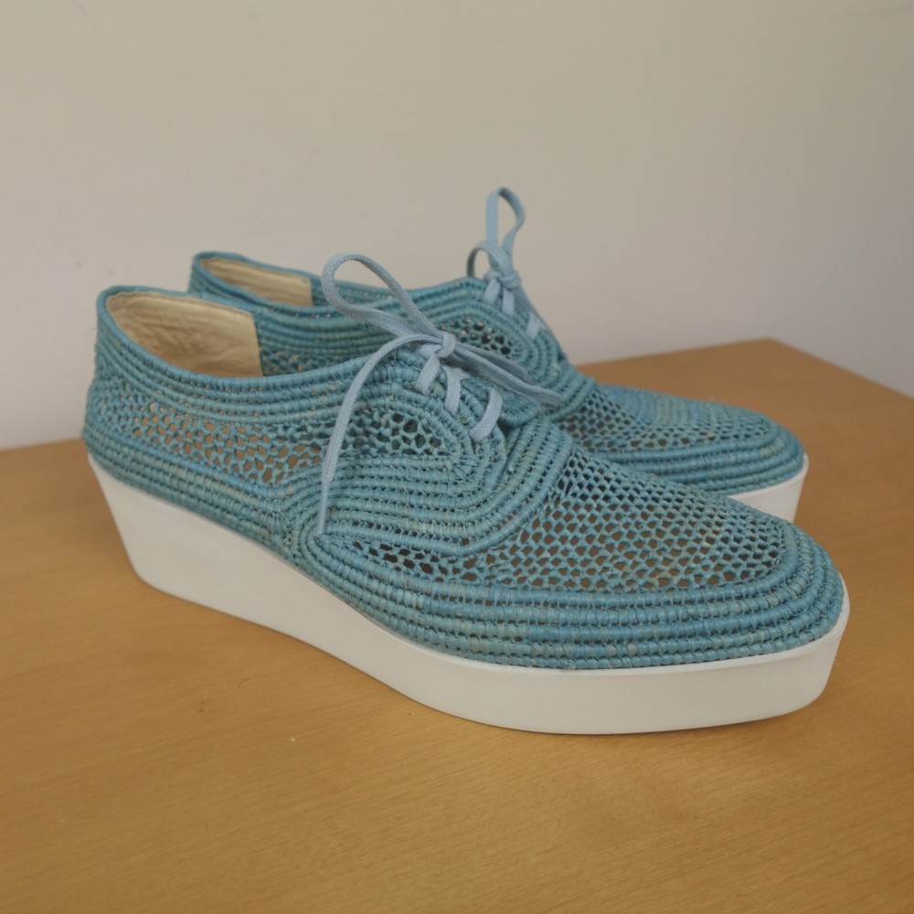 Clergerie Shoes Platform Raffia Oxford Womens 39* 8.5 US Blue Lisa Wedge $445