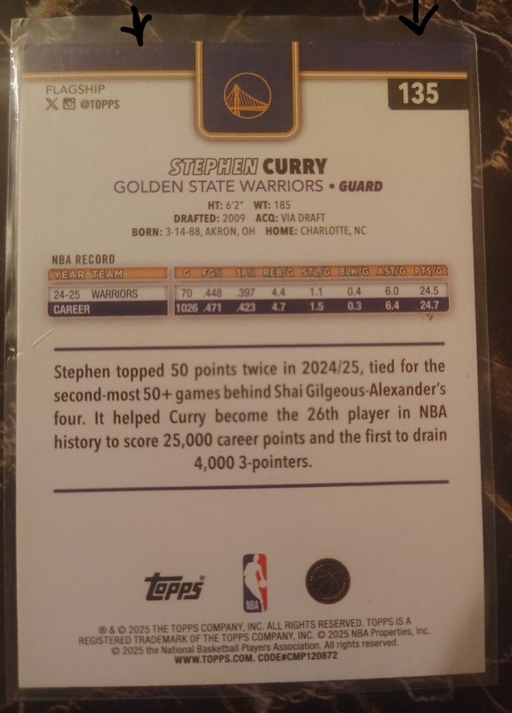 (ERROR) Topps Flagship Stephen Curry 2025 SP a Must Have NBA Card Lot  #135