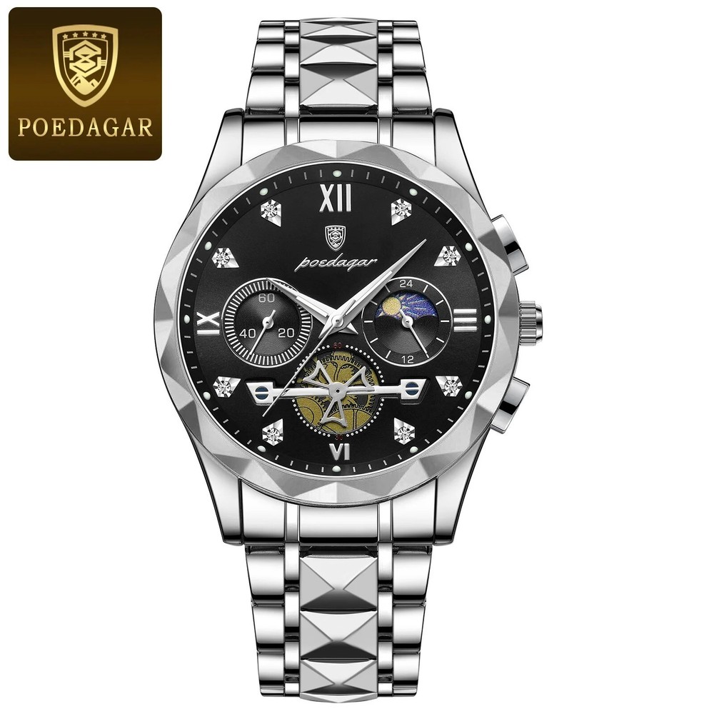 Luxury Black Silver Waterproof Luminous Stainless Steel Watch by POEDAGAR