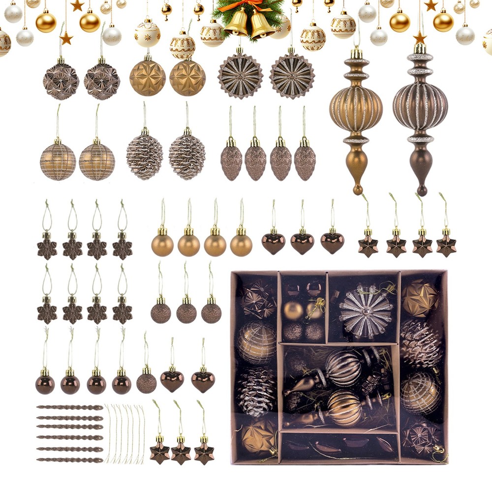 Christmas Ornaments Set Shatterproof 53 Pieces Copper Brown Balls For Home Decor