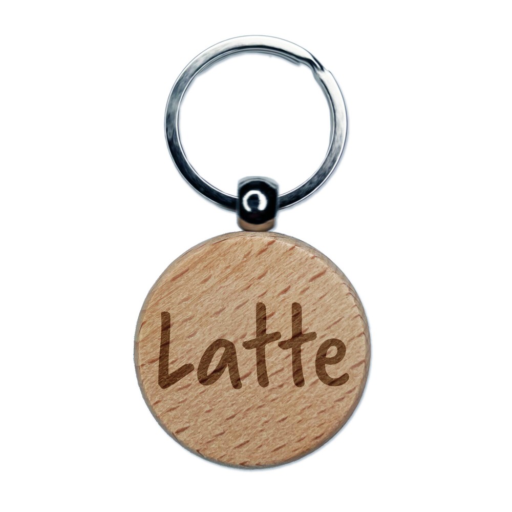 Latte Coffee Wood Keychain with Fun Engraved Text Charm
