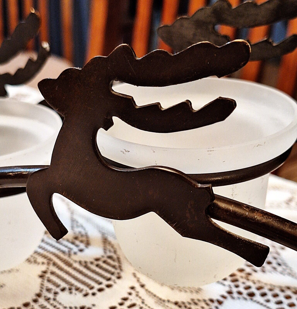 Reindeer Candle Holder Holiday Deer Buck Black Metal 3 Frosted Votive Cups