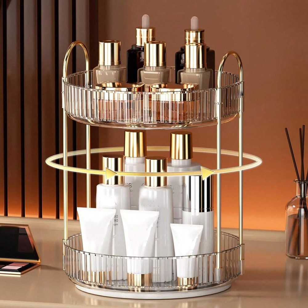 360-Degree Rotating 2-Tier Clear White Makeup Organizer with High Capacity