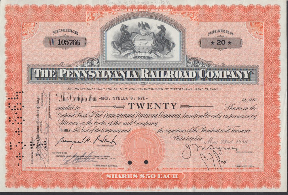 1956 Pennsylvania Railroad 20-Share Vintage Stock Certificate