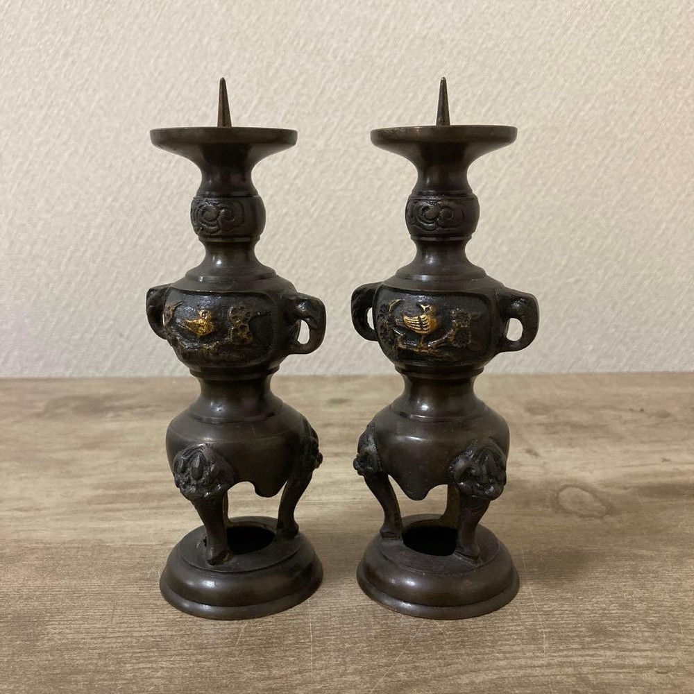 Bronze Candle Holder 6.1 in Pair Candlestick Vintage Japanese Buddhism Altar