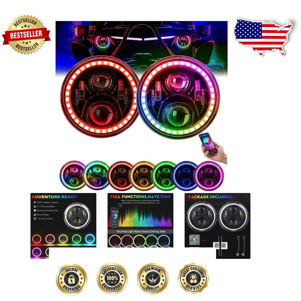 Multi-Color 7-Inch LED Headlights with Halo Angel Eyes for Jeep Wrangler Upgrade