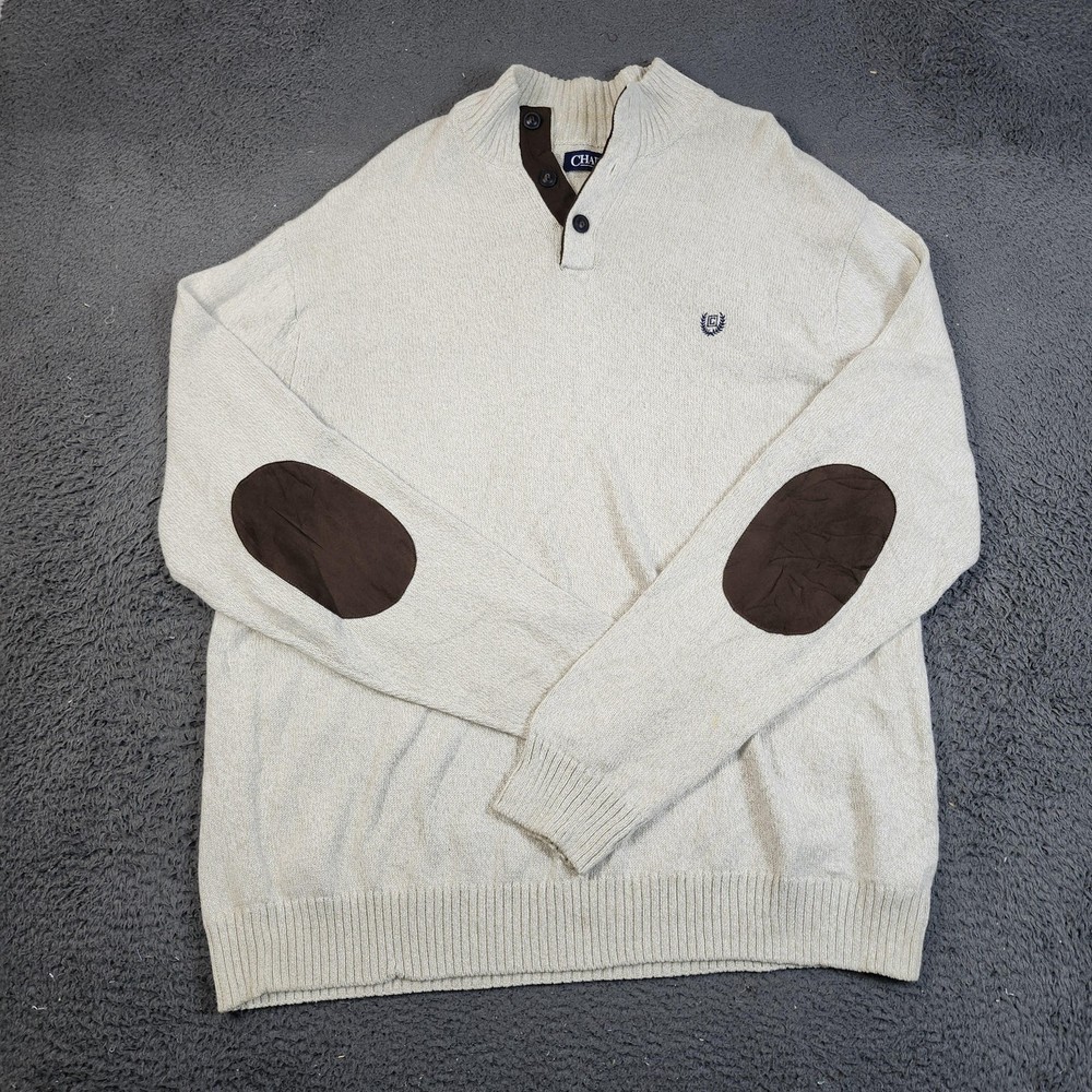 Chaps Sweater Mens 2XL Beige Henley Pullover Brown Elbow Patches Casual Knit