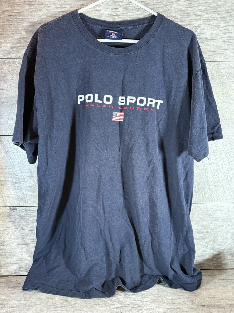 VTG Men's Made In USA Polo Sport Ralph Lauren Flag Blue T-Shirt Size LARGE