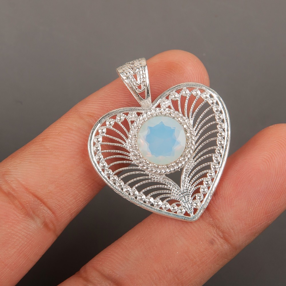 Wedding Gift For Her 925 Silver Natural Milky Opal Gemstone Pendant Love