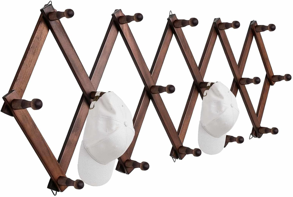 Hat Rack for Wall, Expandable Wall Hat Holder with 16 Hooks, 16 Inch Wooden Wall