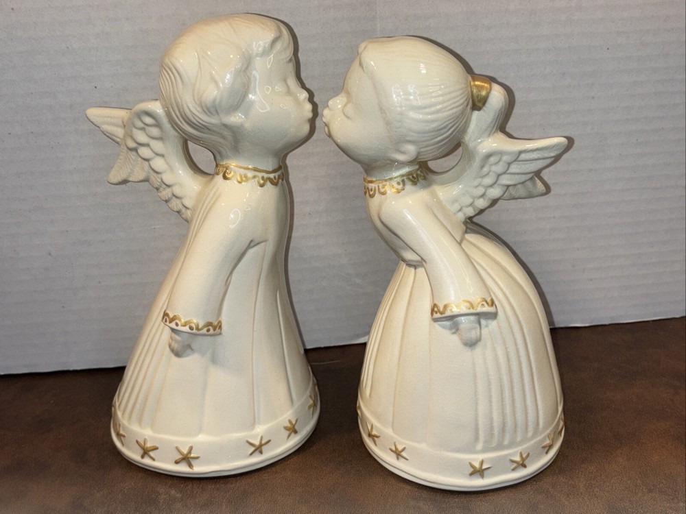 Vintage Pair Of White Ceramic Kissing Angels 7.5' & 8'  Tall Hand Painted 1983