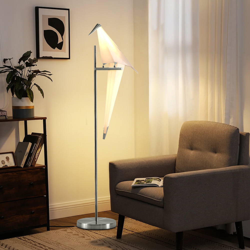 63-Inch Silver Origami Crane LED Floor Lamp - Modern Metal Bird Light Fixture for Home Decor