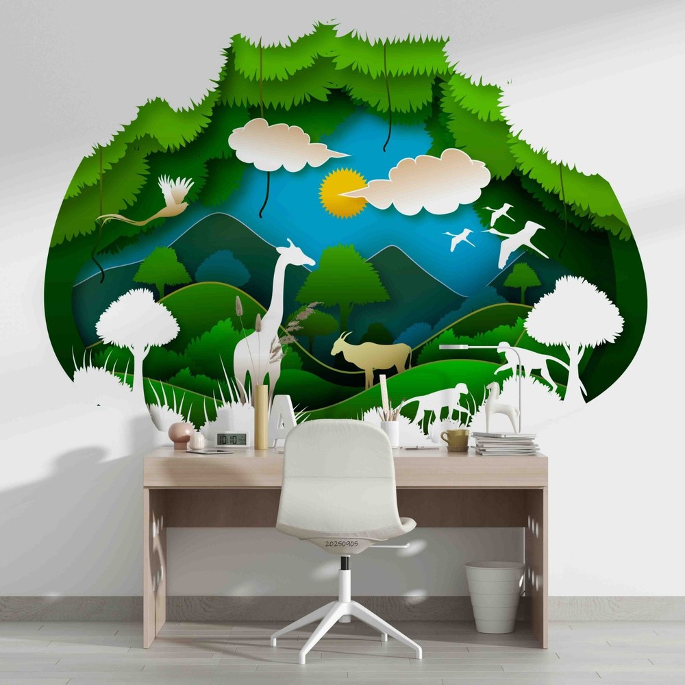 3D Forest River Animals Paper Style Wall Murals Wallpaper Murals Wall Sticker