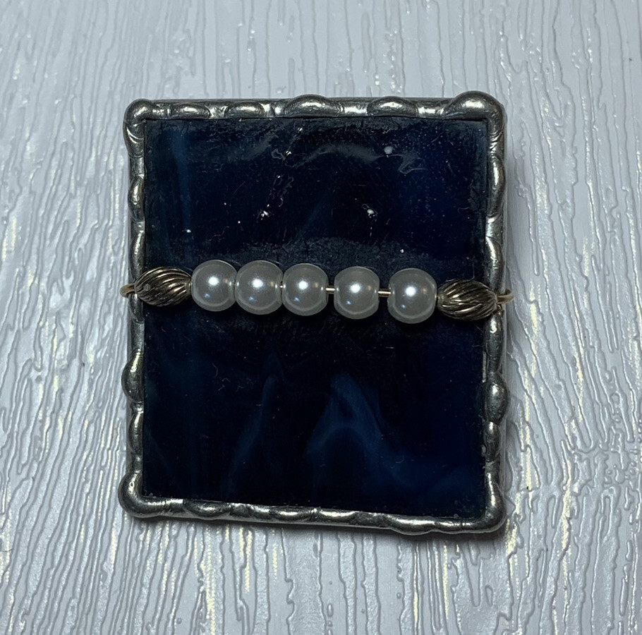 Handmade Blue Slag Stained Glass Pearl Beaded Pin Brooch 1.25