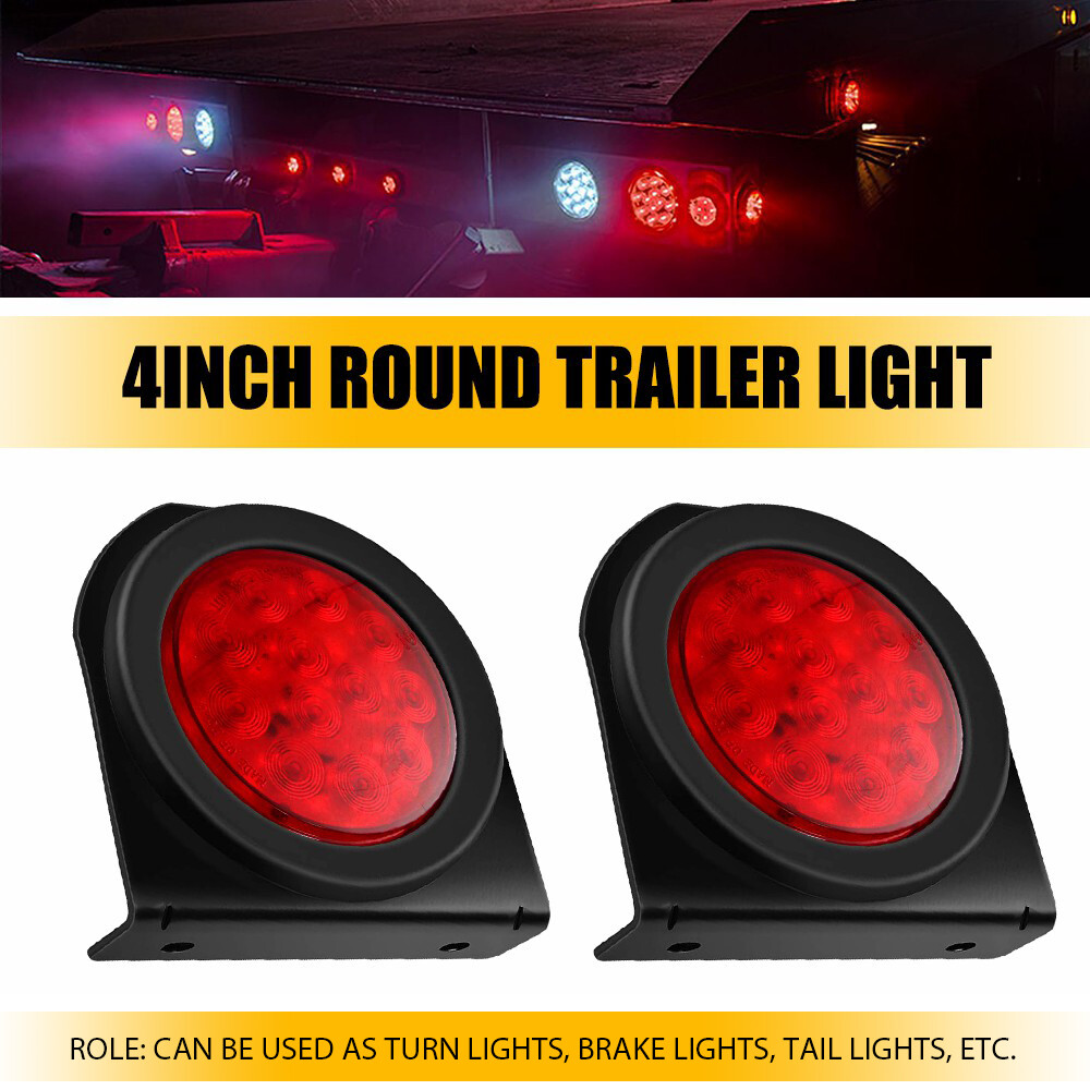 4-Inch Round Trailer Tail Lights - Pair of Red Brake Stop Turn Signals - 12V Super Bright