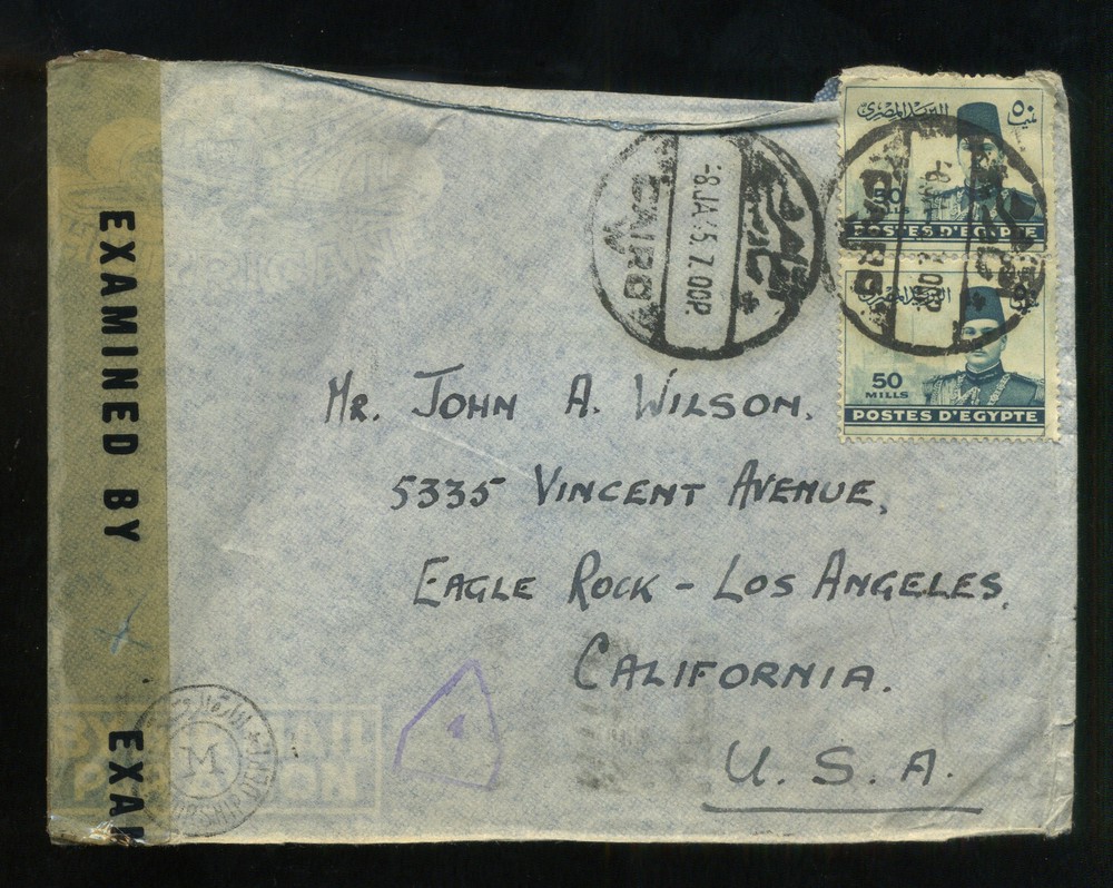 1945 WORLD WAR II COVER CAIRO EGYPT TO LOS ANGELES CALIFORNIA CENSORED SOLDIER