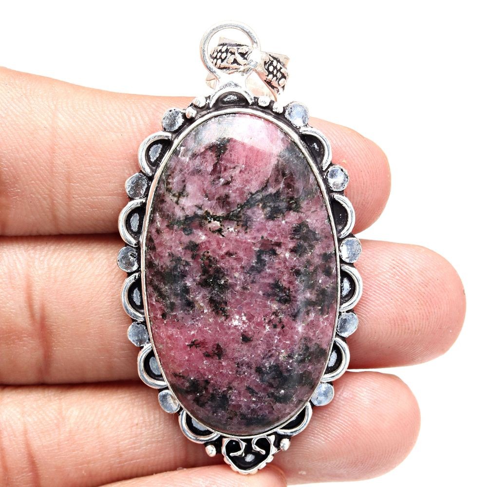 Rhodonite Gemstone Pendant Handmade Silver Jewelry for Mother's Day 2.5 Inch
