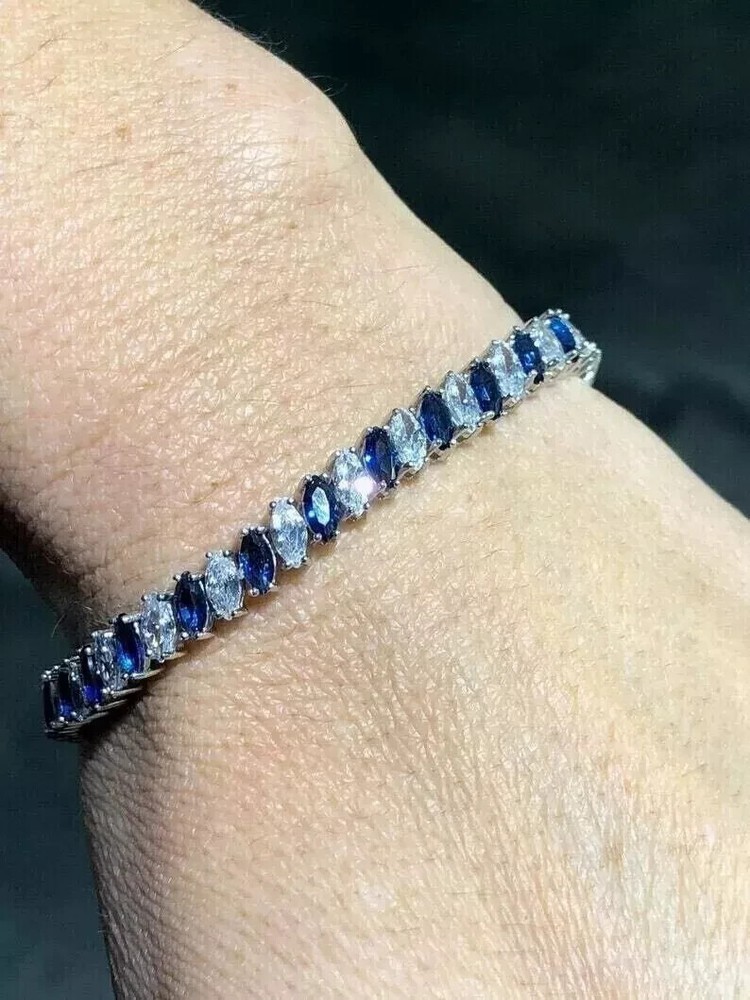 14K White Gold Plated 6CT Marquise Cut Sapphire Diamond Tennis Bracelet 7 Inch