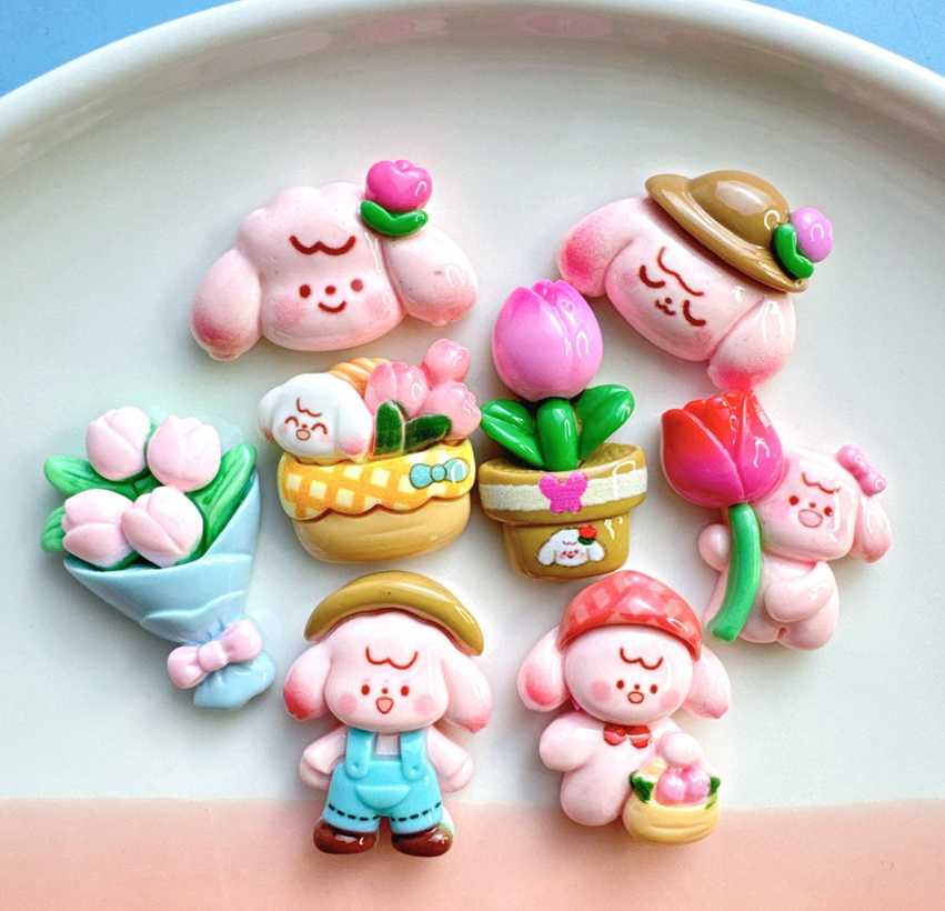 20Pcs Mixed Resin Cartoon Flower Dogs Flatback Embellishments DIY Handmade Decor