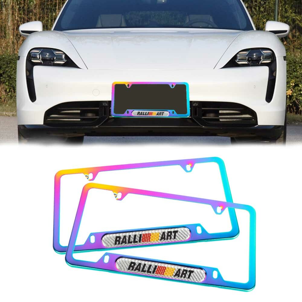 Ralliart Neo Chrome Stainless Steel License Plate Frame with Silver Carbon Emblem - Set of 2