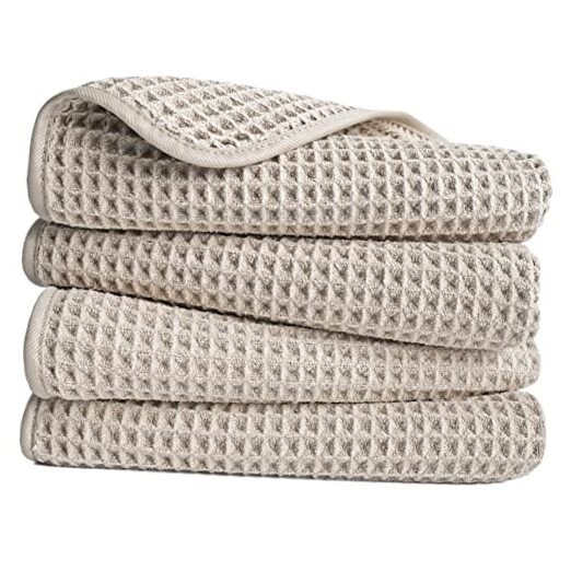 Microfiber Lint Free Hand Towel, 16 x 30 in, 4 Pack (Waffle Weave) Beige
