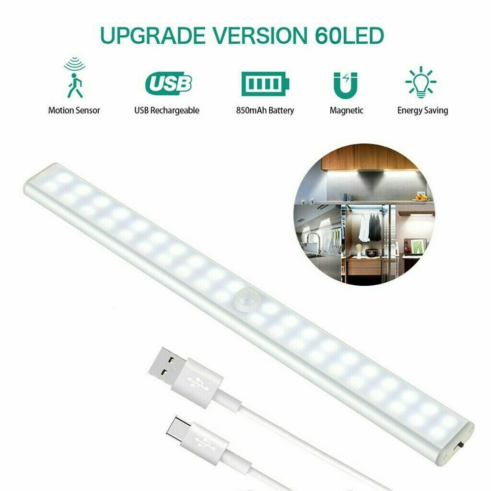 60 LED Motion Sensor Under Cabinet Closet Light USB Rechargeable Kitchen Lamp US