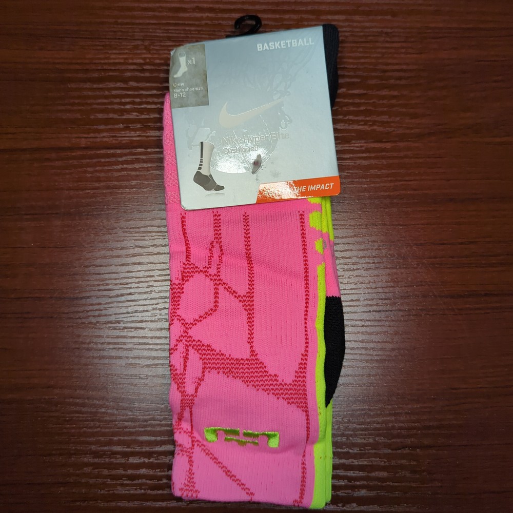 LeBron Nike Hyper Elite Socks Pink/Yellow Crew Size Large Basketball Dri-Fit