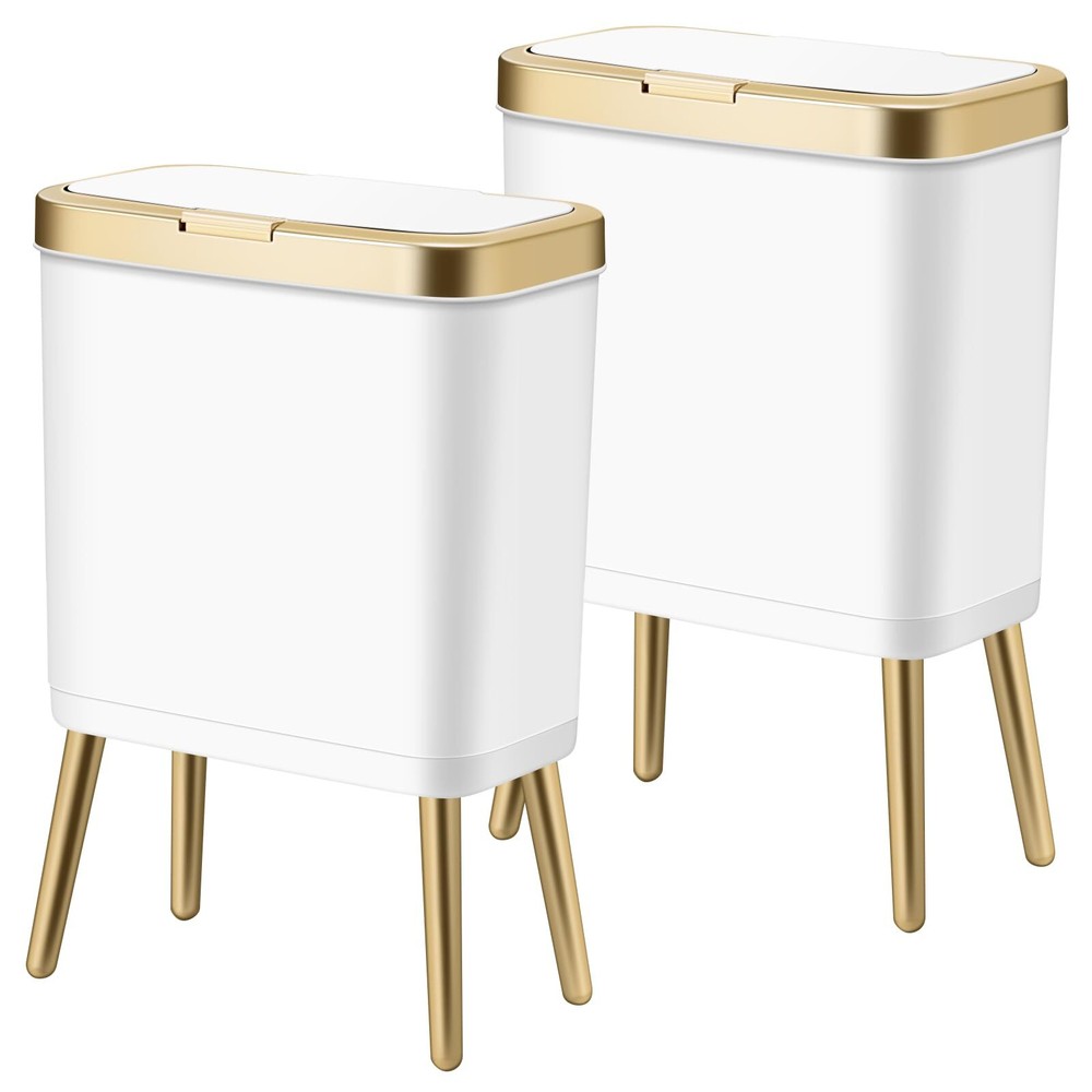 2Pack White Trash Can with Lid, Bathroom Trash Can with Gold Edge, Narrow Mod...