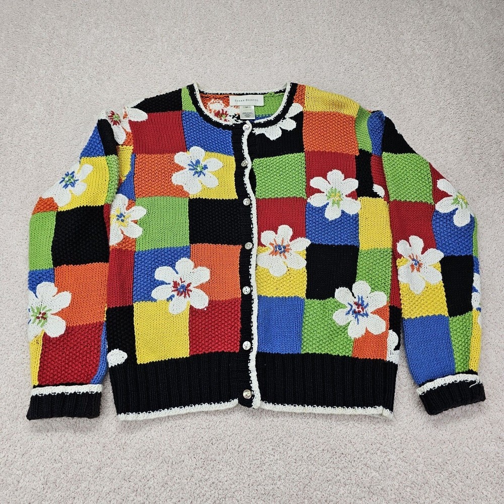 VTG Y2K Floral Patchwork Cardigan Sweater Streetwear Womens Size Medium Susan Br