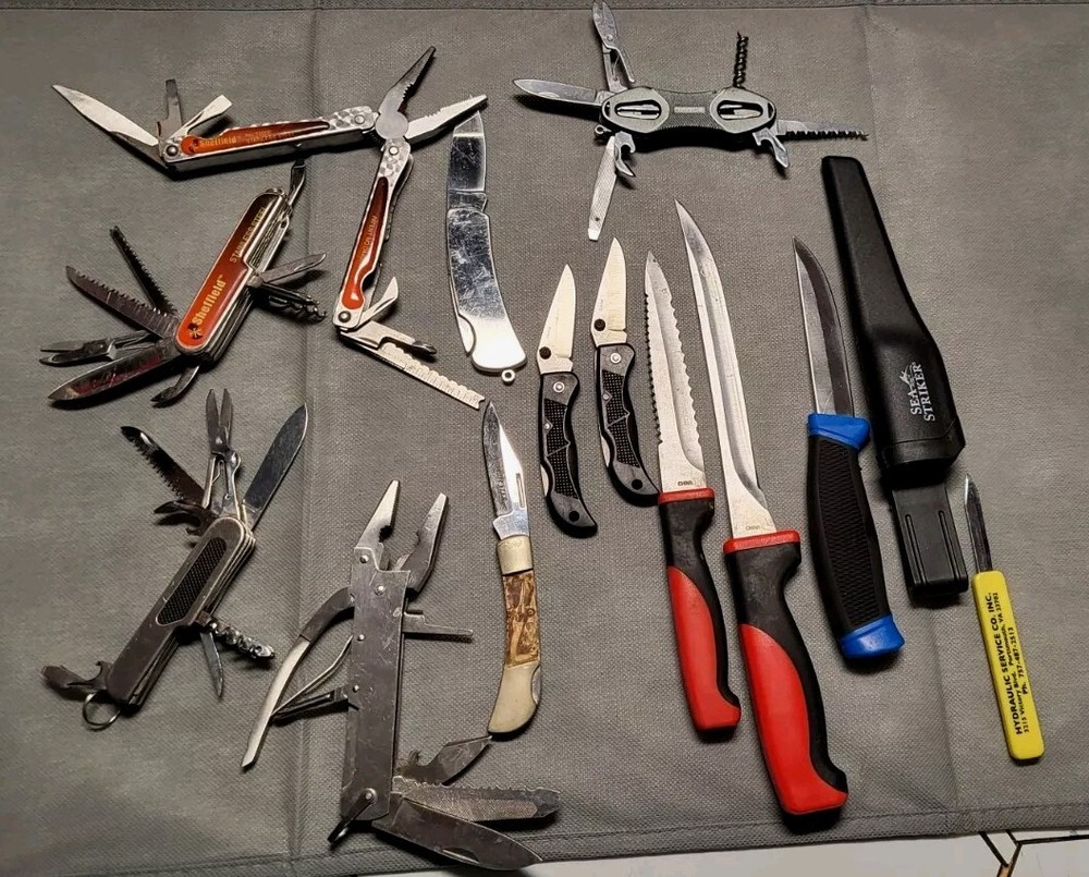 Lot of 13 Knives Blades And Multi tools Assorted Styles Fishing Camping