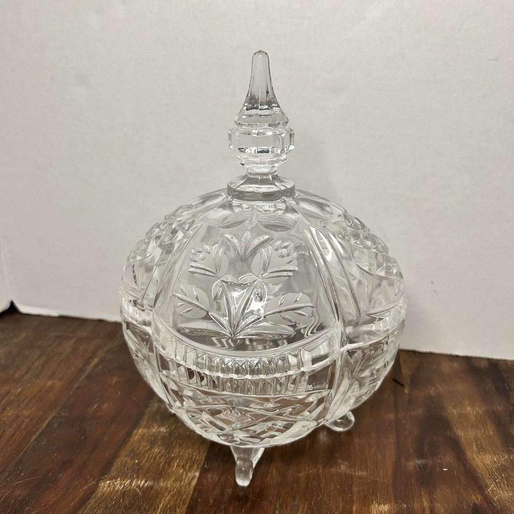 Vintage Crystal Candy Dish with Etched Roses and Faceted Finial 9.5x6.75 Footed Compote with Lid