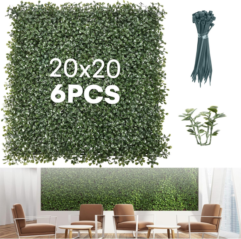 Grass Wall Panels 20″ × 20″ (6 Pack) – Uv-Protected Artificial Boxwood Hedge Gre