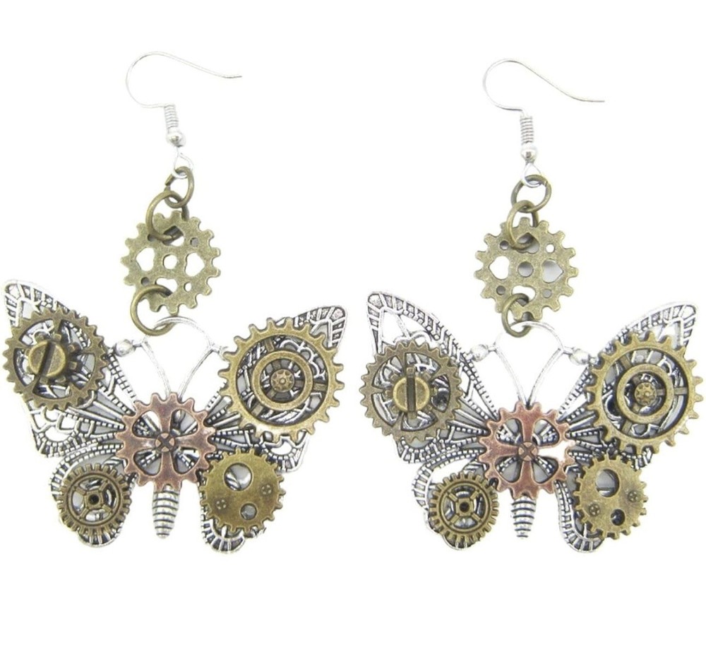 Steampunk Antique Butterfly Earrings Goth Vintage Gear Burning Man Accessories