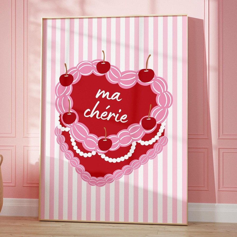 Cherry Poster Ma Cherie Print Cherry Heart Cake Trendy Wall Art Girly Pink Red