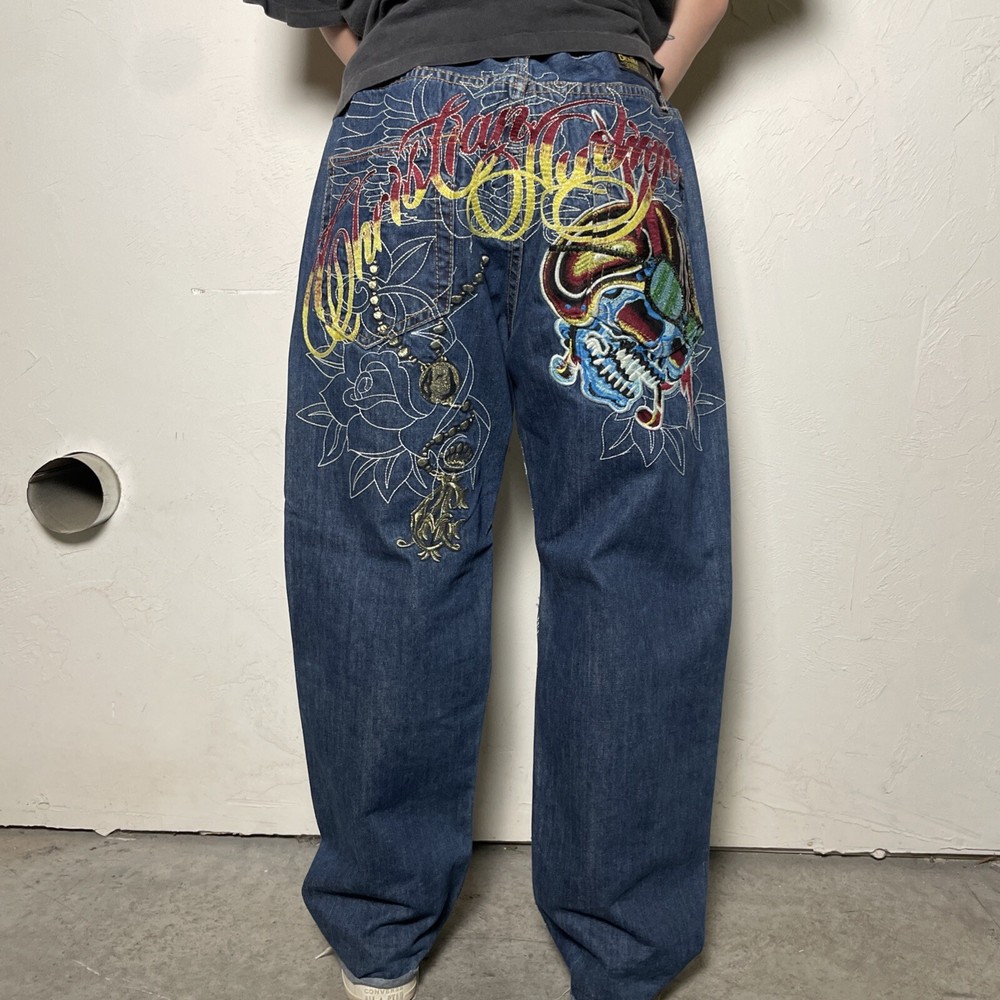 Ed Hardy Jeans Y2K Christian Audigier Dark Wash Denim Embroidered Skulls 38