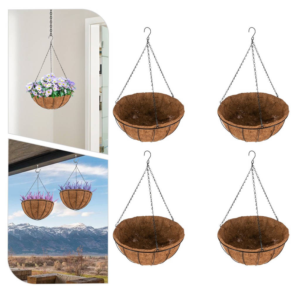 16 Inch 4* Plant Hanging Baskets Round Brown Hanging Flower Pots With Hook