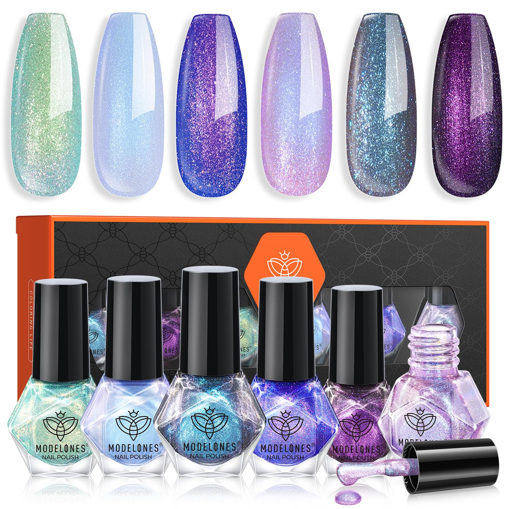 Chameleon Nail Polish Set - 6 Holographic Colors Green Pink Blue Purple Glitter