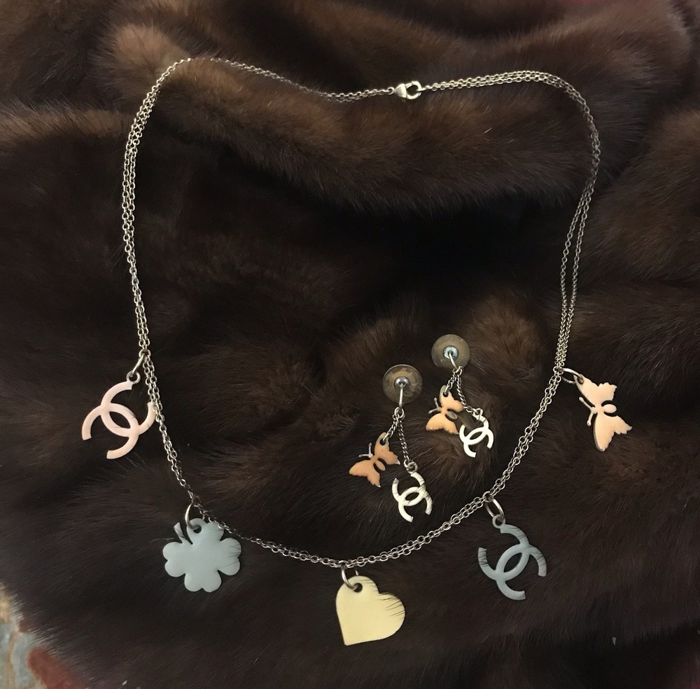 Genuine Authentic CHANEL Necklace & Earrings Set Butterfly, Heart & CC Charms