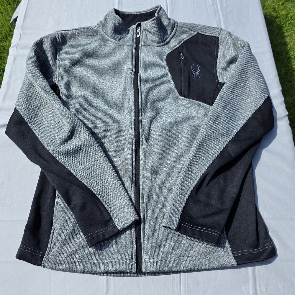 Spyder Men’s Large Raider Full Zip Fleece Jacket Heather Grey Black Knit