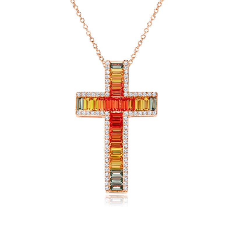 Colorful Diamond Cross Pendant Necklace for Women in Sterling Silver Wedding Anniversary Gift