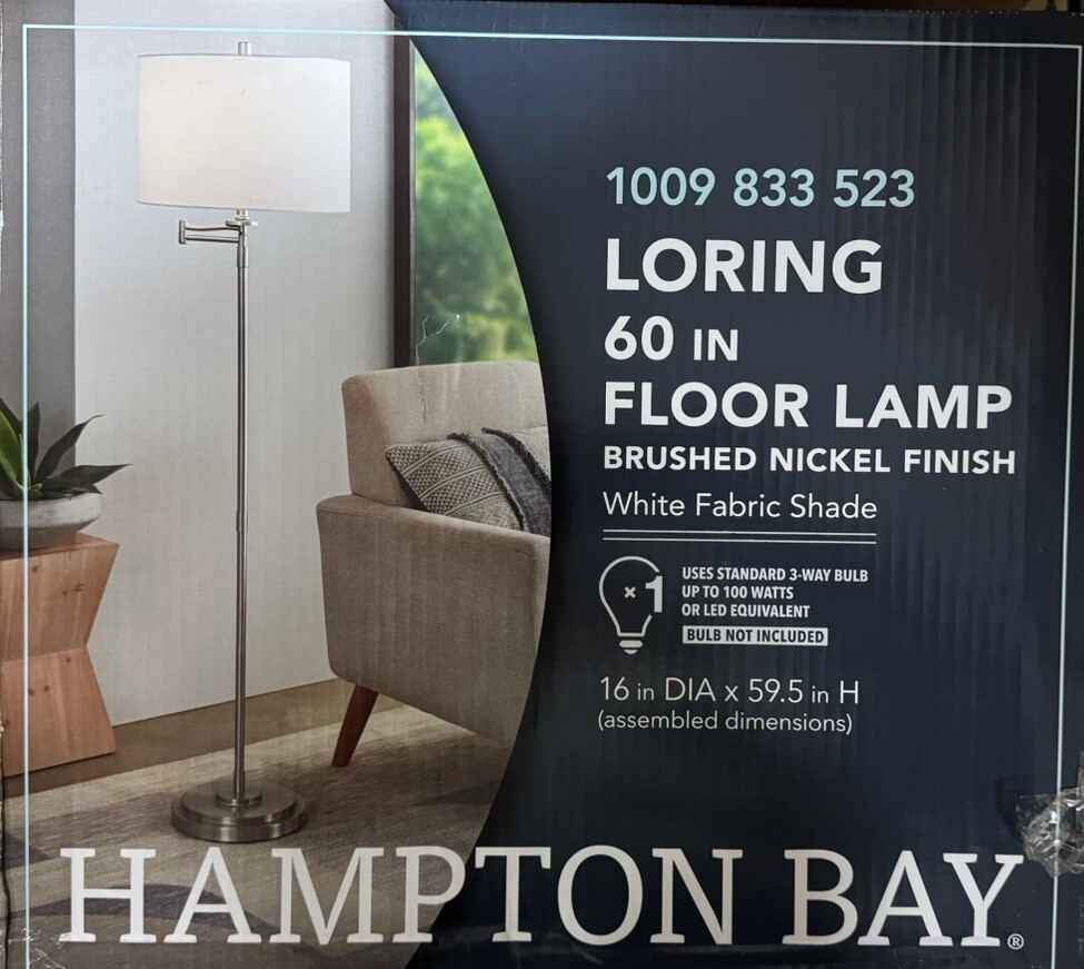 Hampton Bay Loring 60 Brushed Nickel Swing Arm Floor Lamp with White Shade