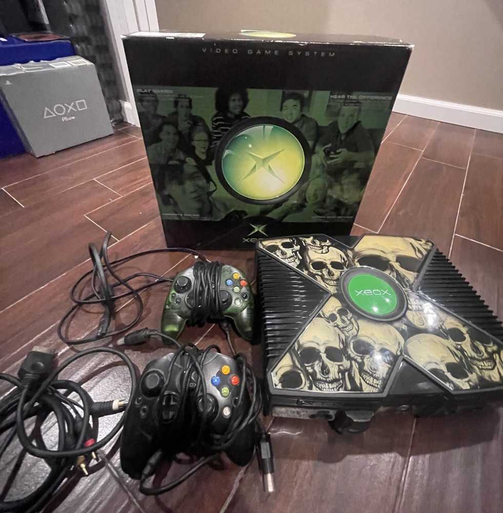 Xbox Original Console Custom Skull Plates In Box Tested 2 Controllers +10 Games