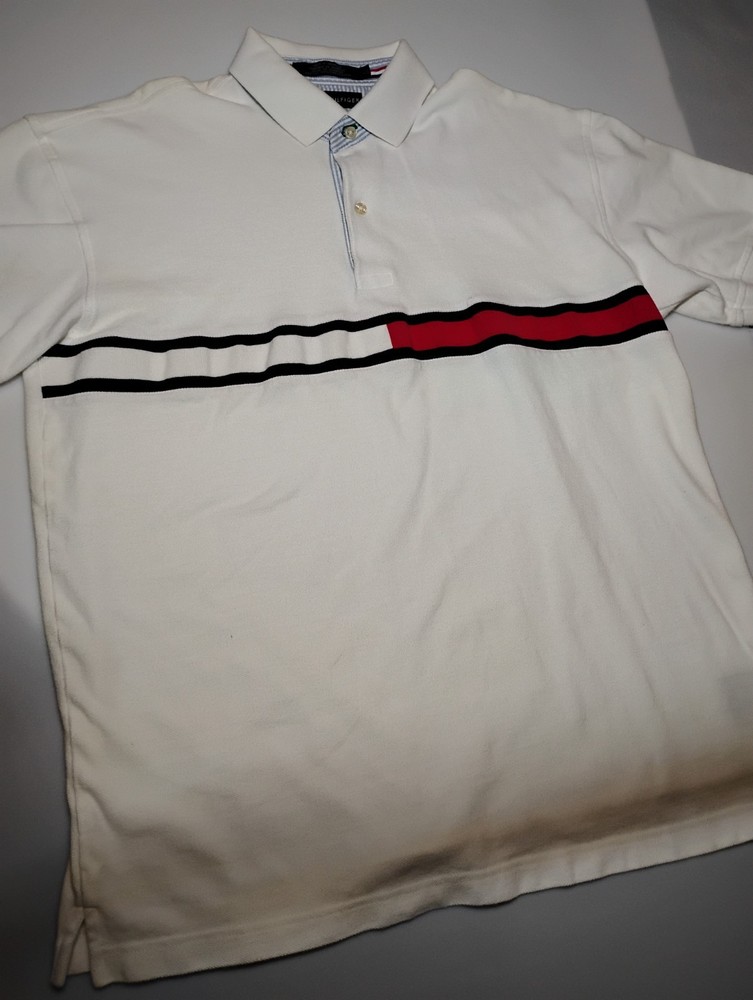 Tommy Hilfiger Men’s Polo Shirt – White Red Blue Size: L