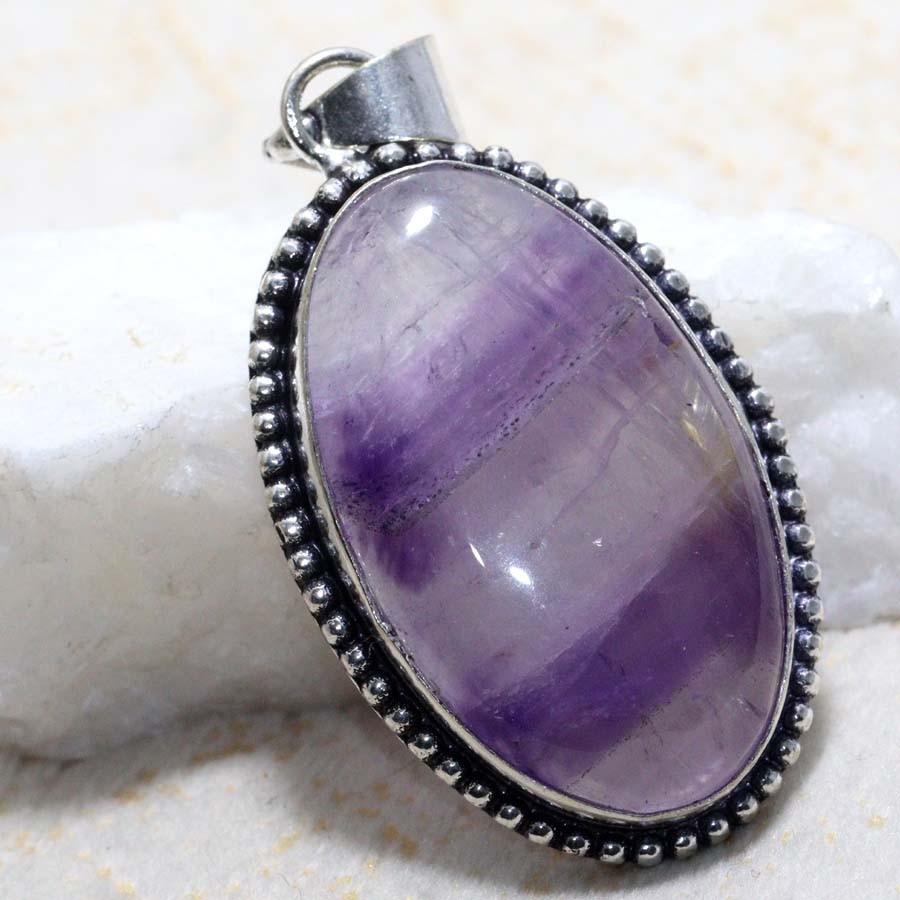 Banded Amethyst 925 Silver Plated Pendant Necklace 2 Inch Birthday Gift Jewelry