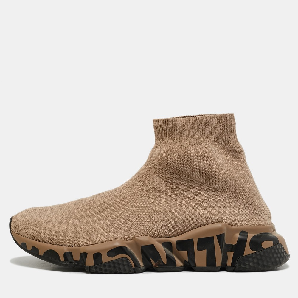 Balenciaga Beige Knit Graffiti Speed Trainer Sneakers Size 38