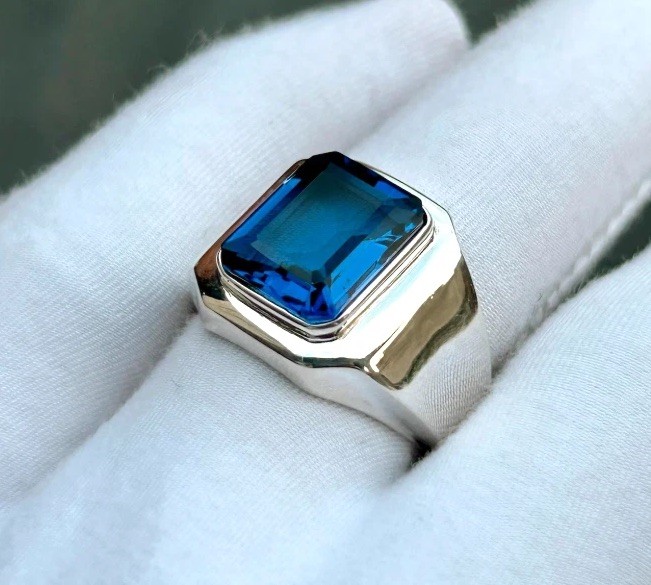 Big Blue Sapphire Ring For Men, Man Made Sapphire Stone Ring, 925 Silver Neelam