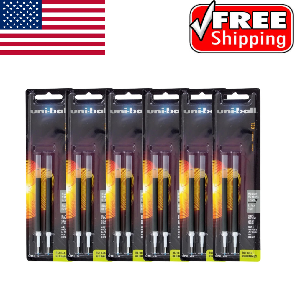 Uni-Ball Signo 207 Gel Pen Refills, 0.7mm, Medium Point, Black Ink, Pack of 12.