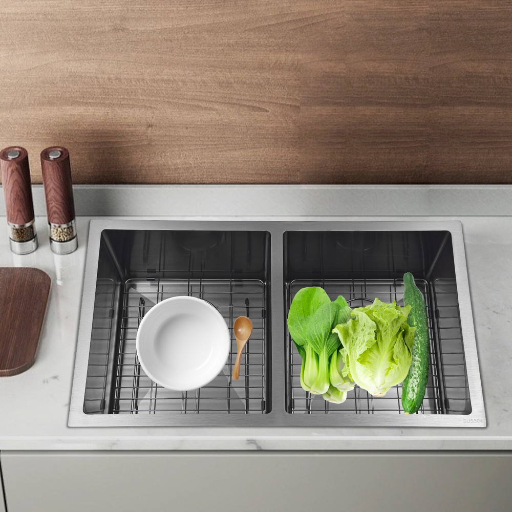 Modern 304 Stainless Steel Double Bowl Kitchen Sink 14x16 Inches-image