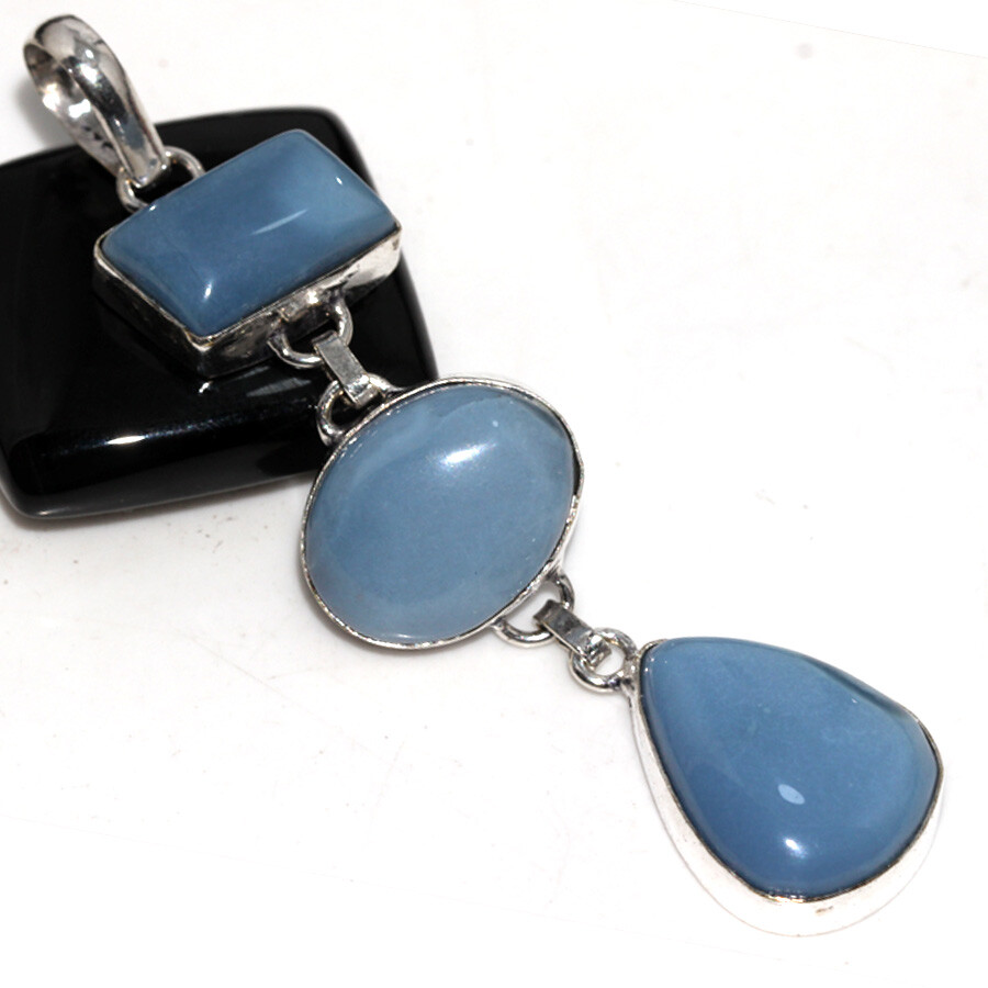 925 Silver Plated Owhyee Blue Opal Ethnic Long Pendant Jewelry Size 3.3