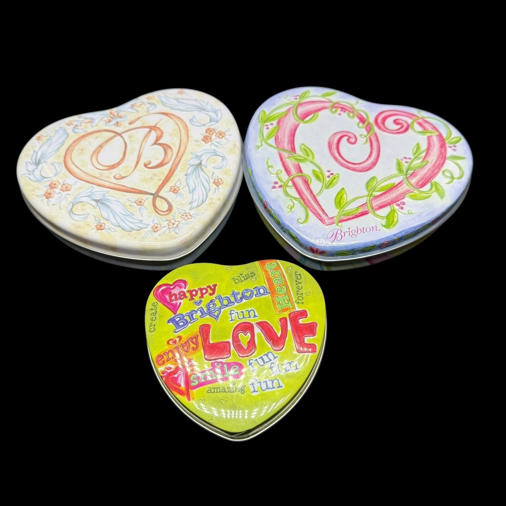 Lot of 3 Brighton Metal Tins Heart Shaped Jewelry Gift Keepsake